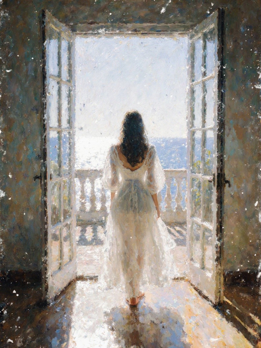 Figure in White Dress at Open Door with Sea View