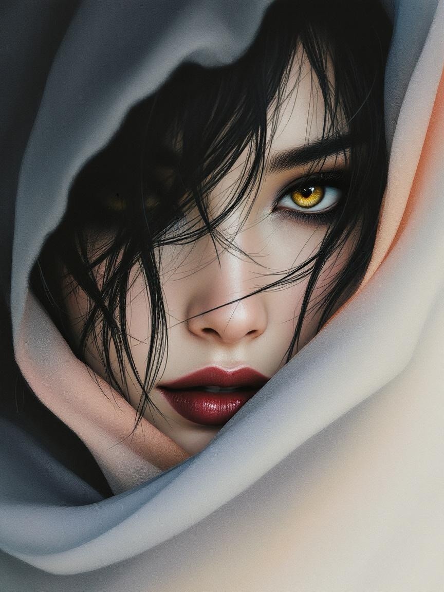 Close-Up of a Woman's Face with Amber Eyes and Fabric