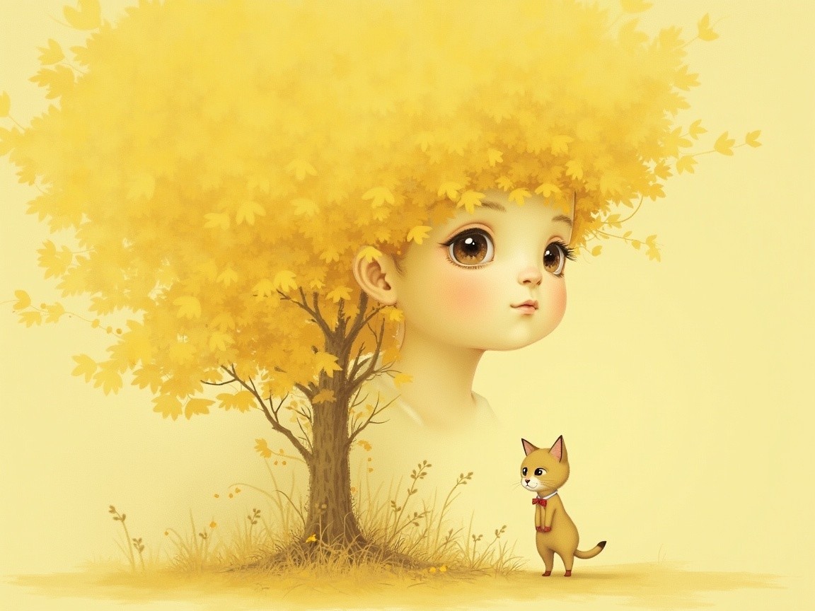 Whimsical illustration of girl in yellow tree with cat