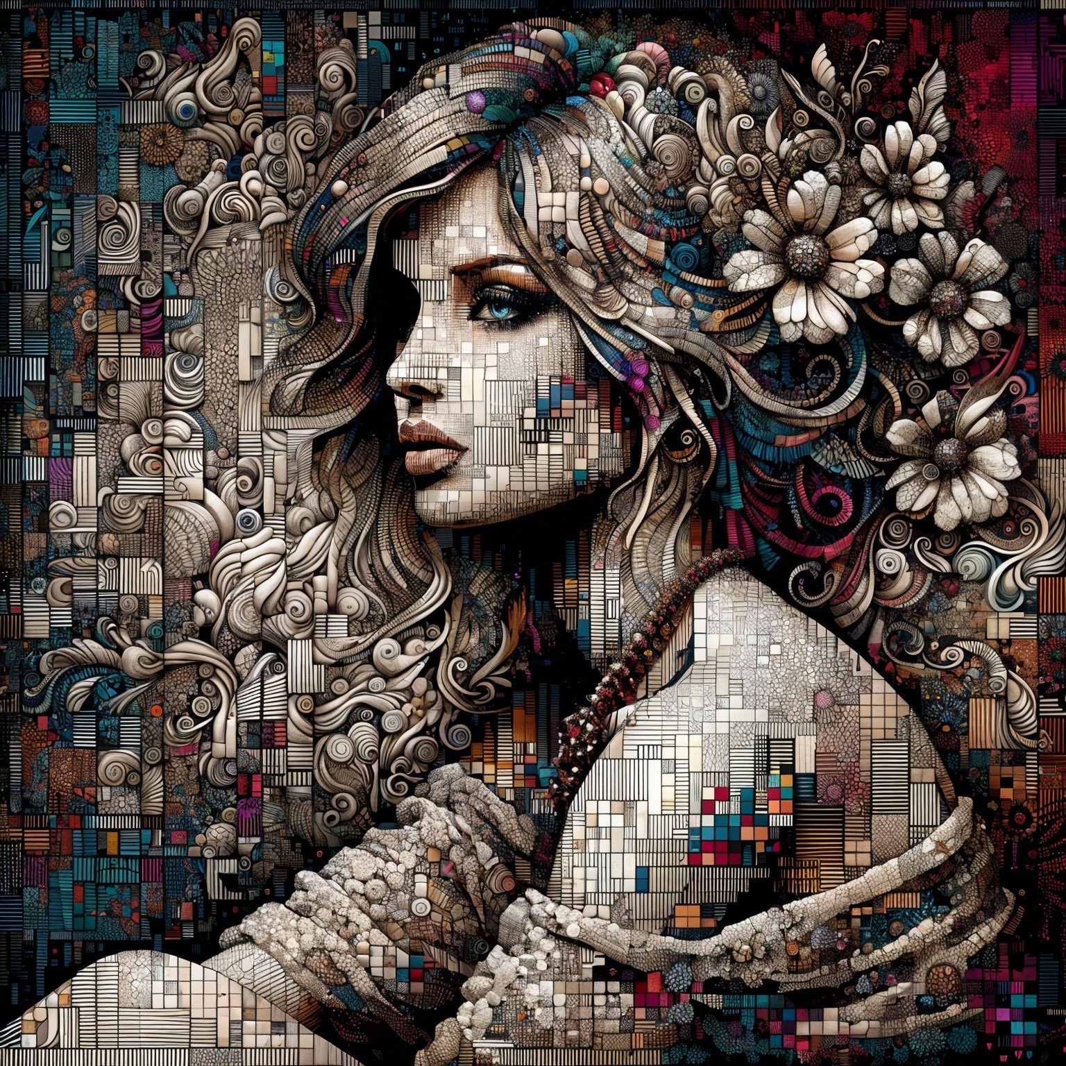 Stylized portrait of a woman with floral hair adornments