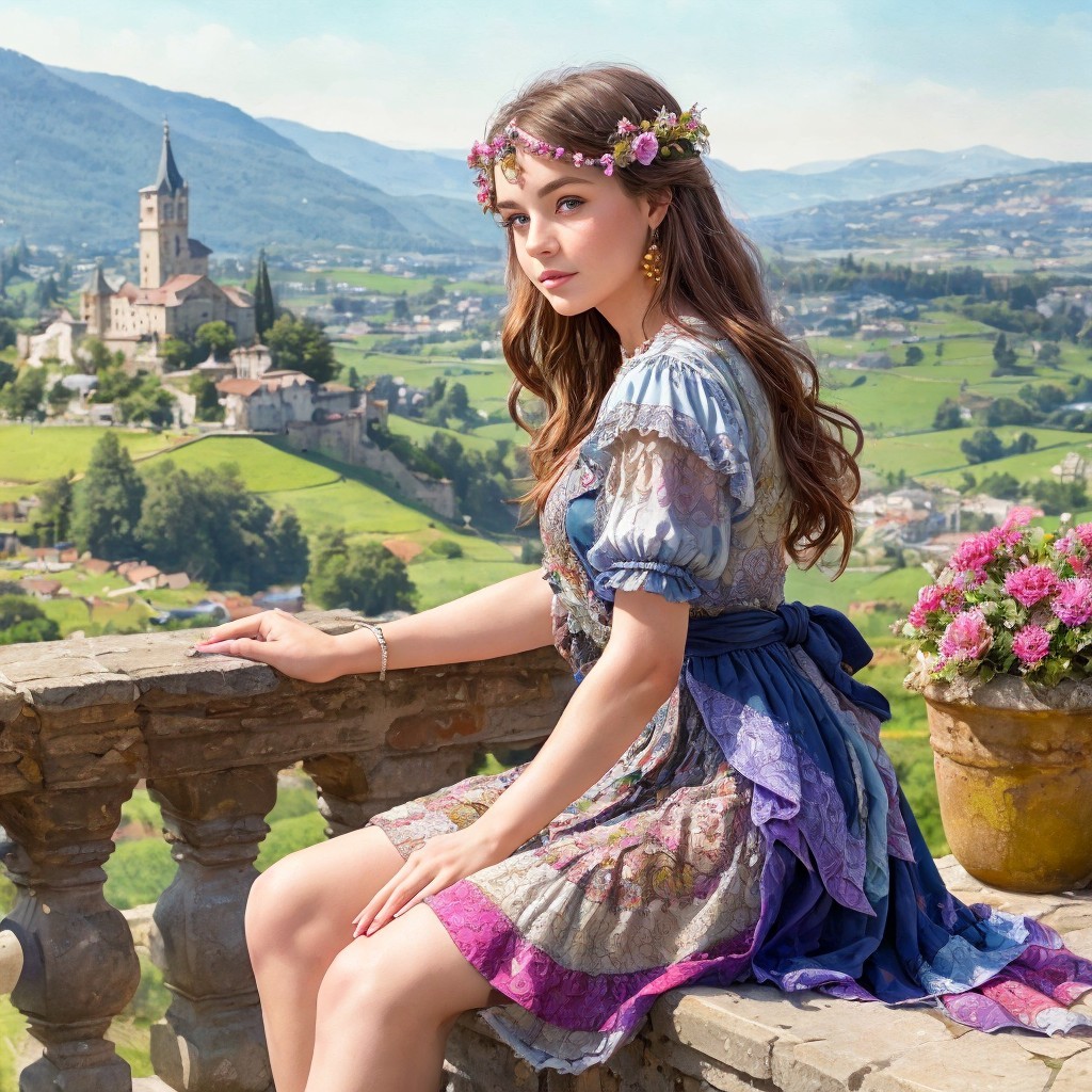 Young woman in colorful dress with floral crown

