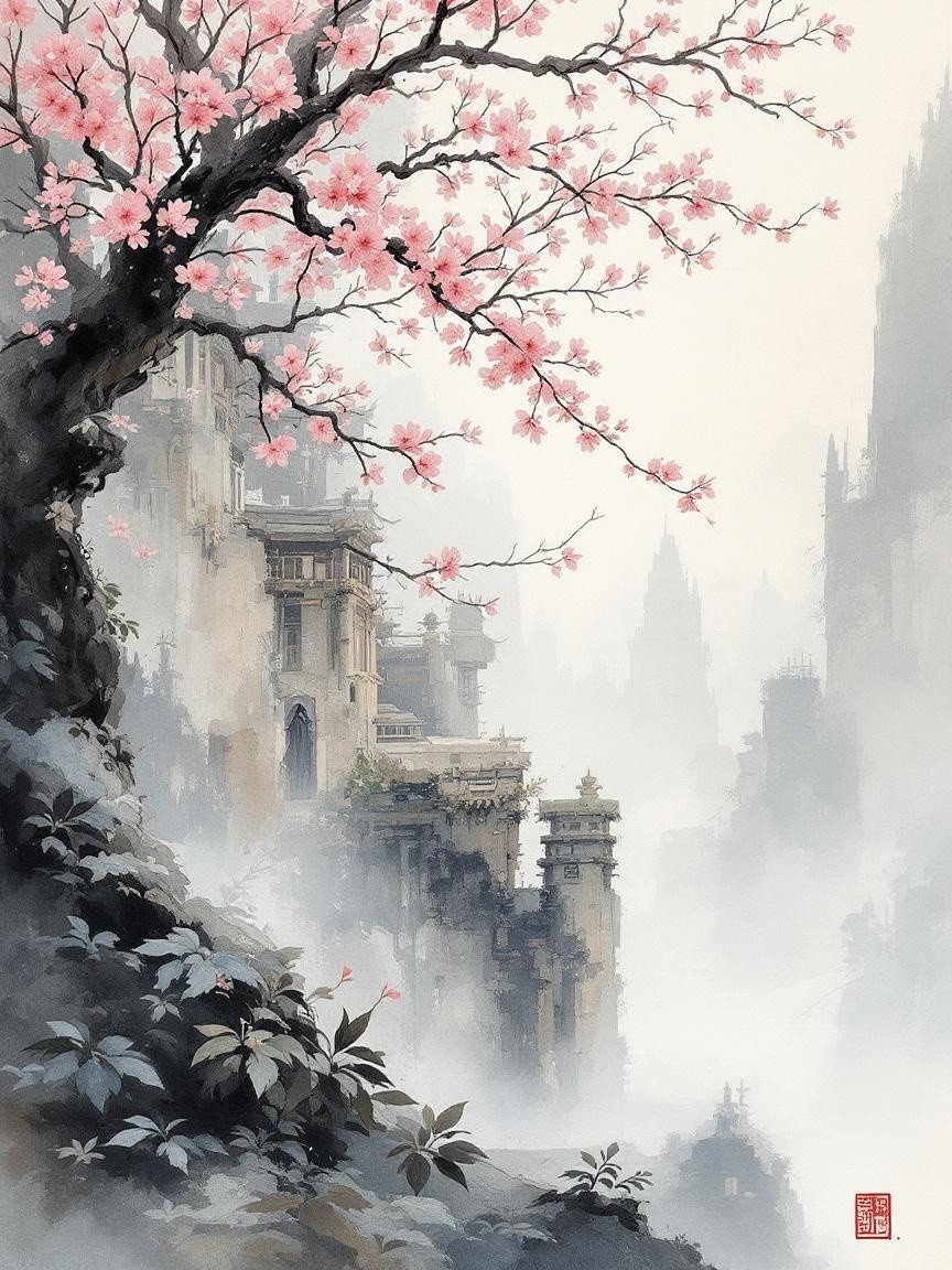 Cherry Blossom Tree in Misty Landscape with Ruins