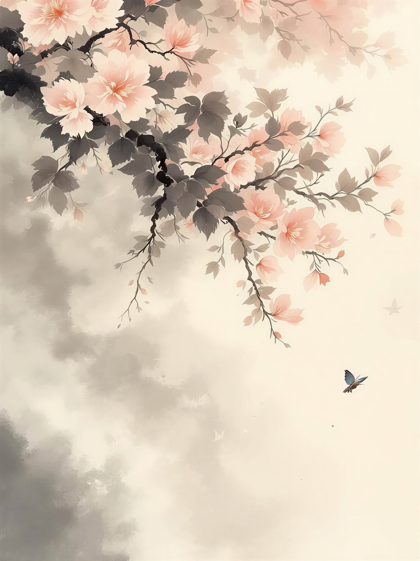Sumi-e Artwork Featuring Branch with Pink Flowers and Butterflies