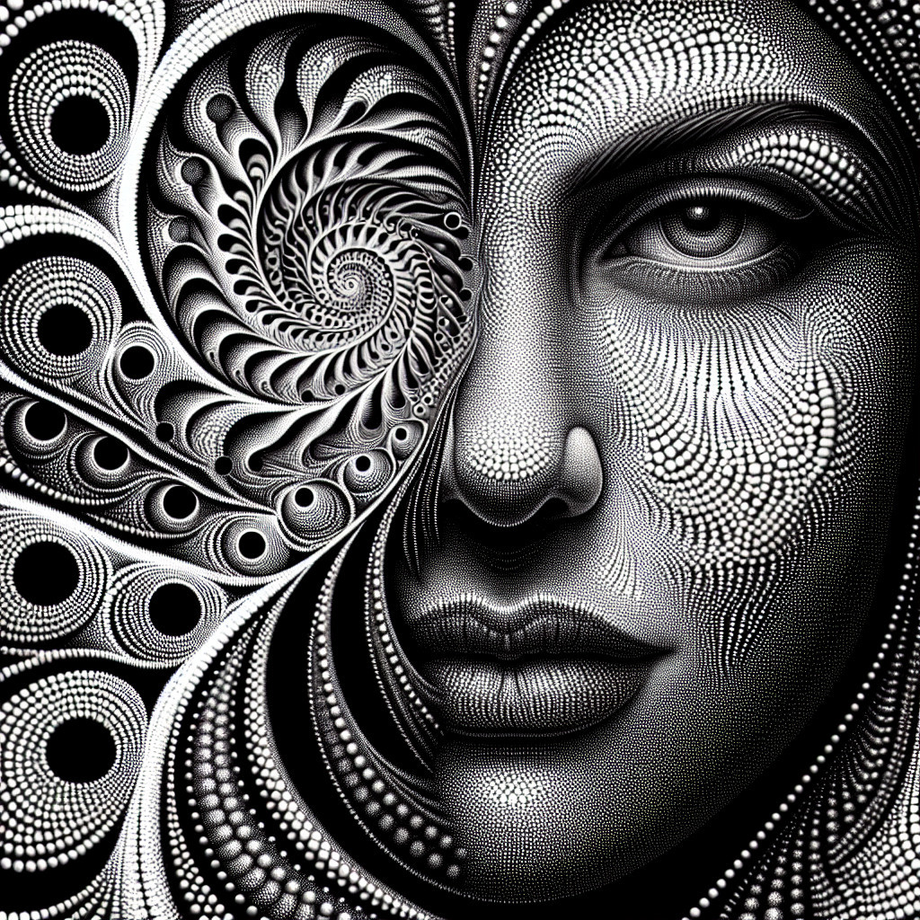 Black and White Portrait with Intricate Spiral Patterns