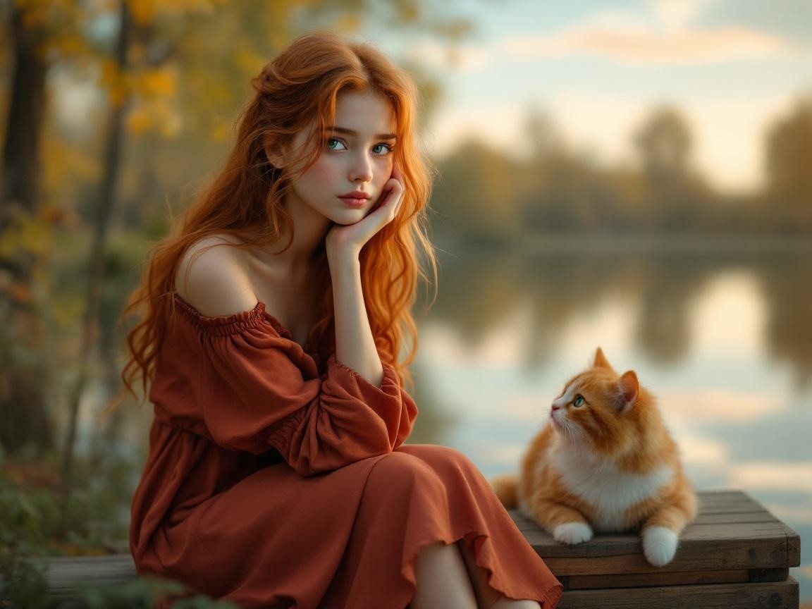 Young woman by lake with orange dress and cat
