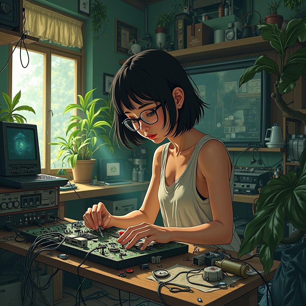 Young woman working on circuit board in cozy room