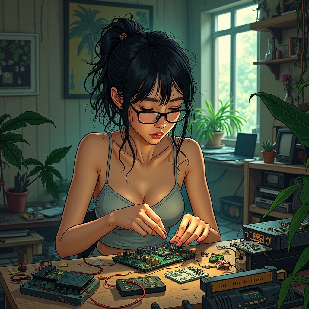 Young Woman Assembling Circuit Board in Sunlit Room