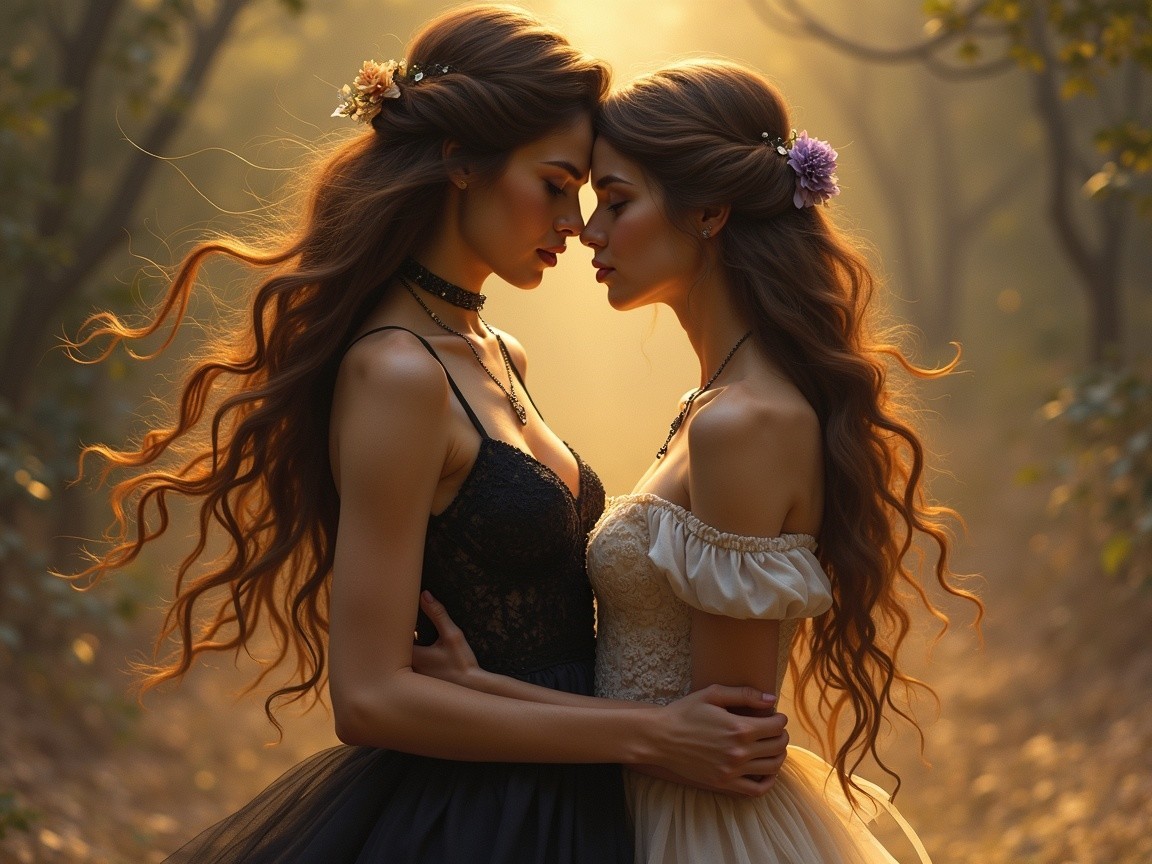 Serene Forest Scene with Two Elegant Women