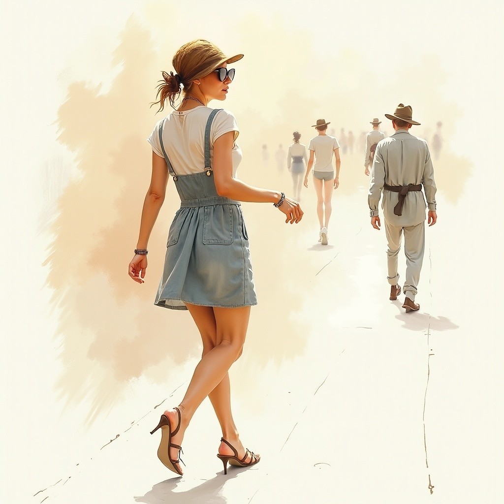 Stylish Woman in Denim Dress on Sunlit Pathway