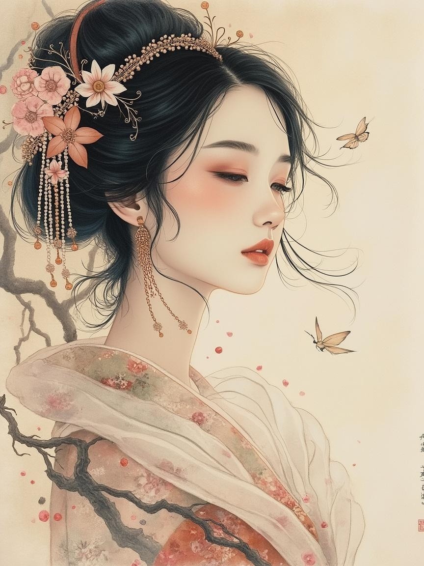 Serene Woman in Traditional Attire with Butterflies