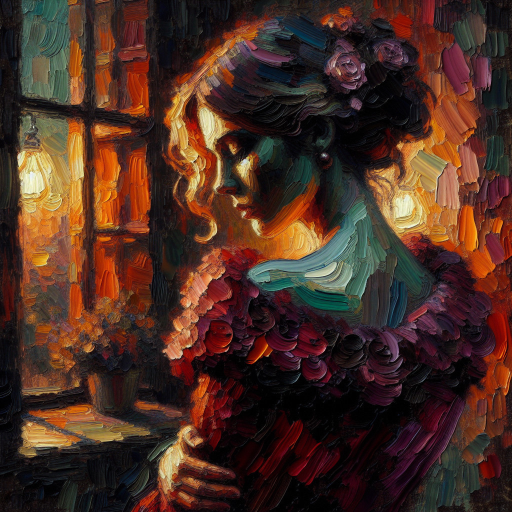 Woman in warm light by window with floral hair and dress