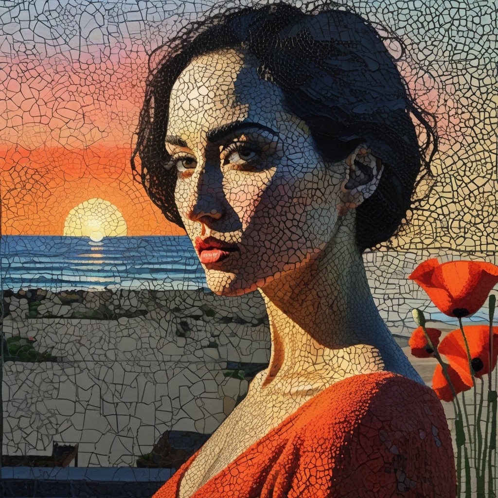 Portrait of a Woman with Wavy Hair at Sunset by Sea