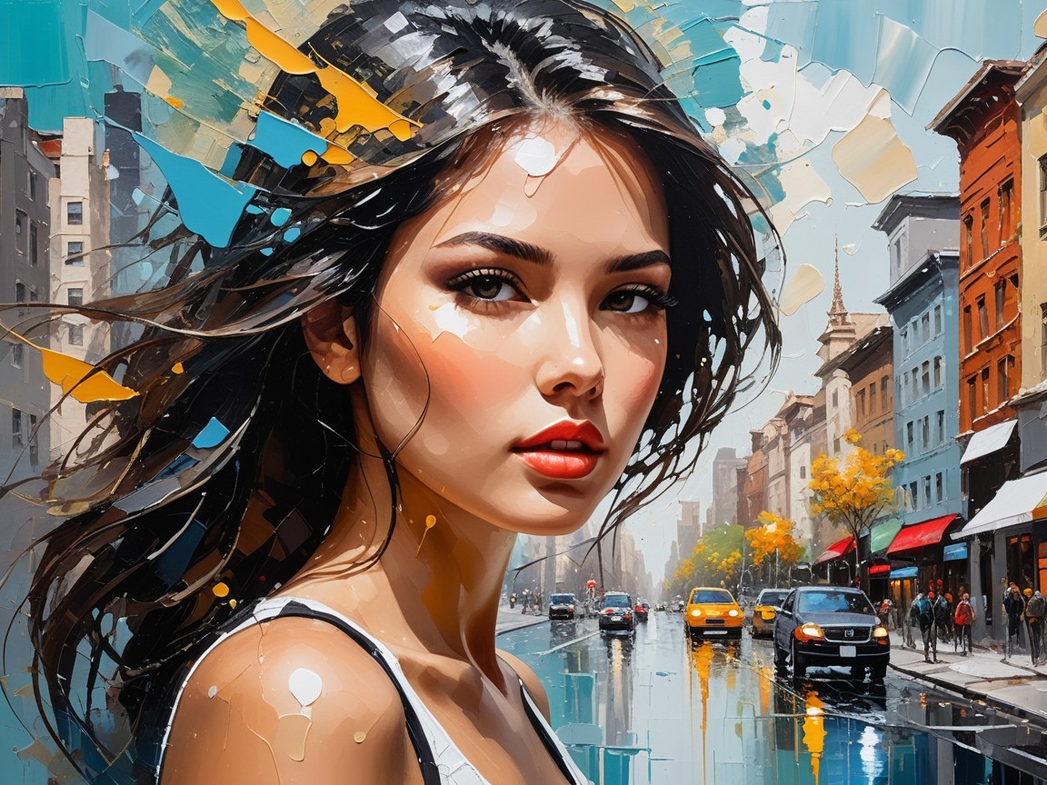 Portrait of a Young Woman in a Rainy Urban Scene
