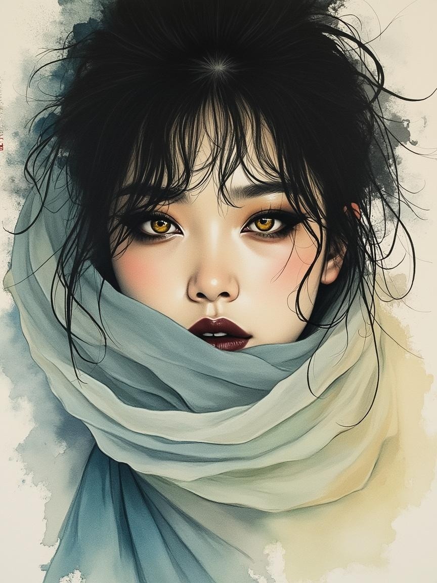 Young Woman with Golden Eyes and Watercolor Background