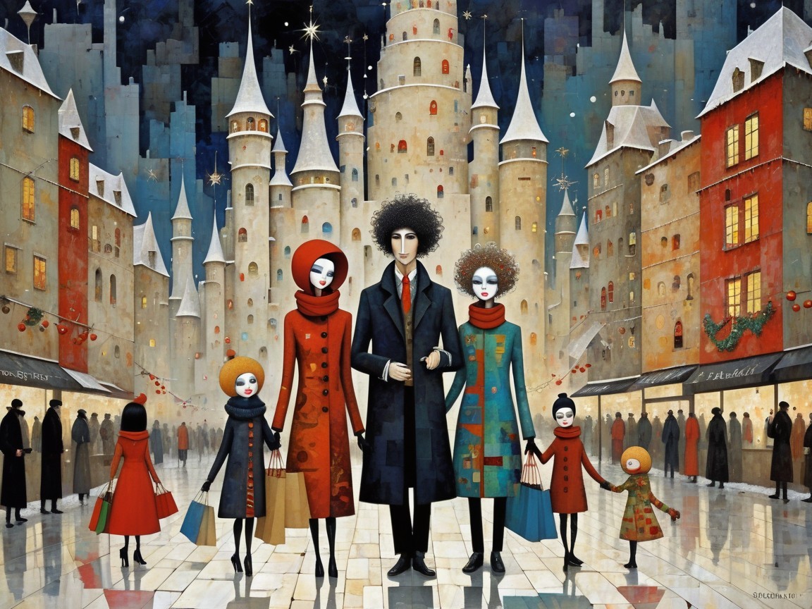 Family of Five in Fantasy Christmas Setting Painting