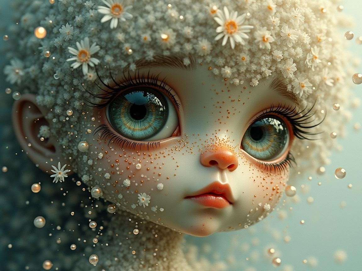 Whimsical Character with Ethereal Features and Flowers