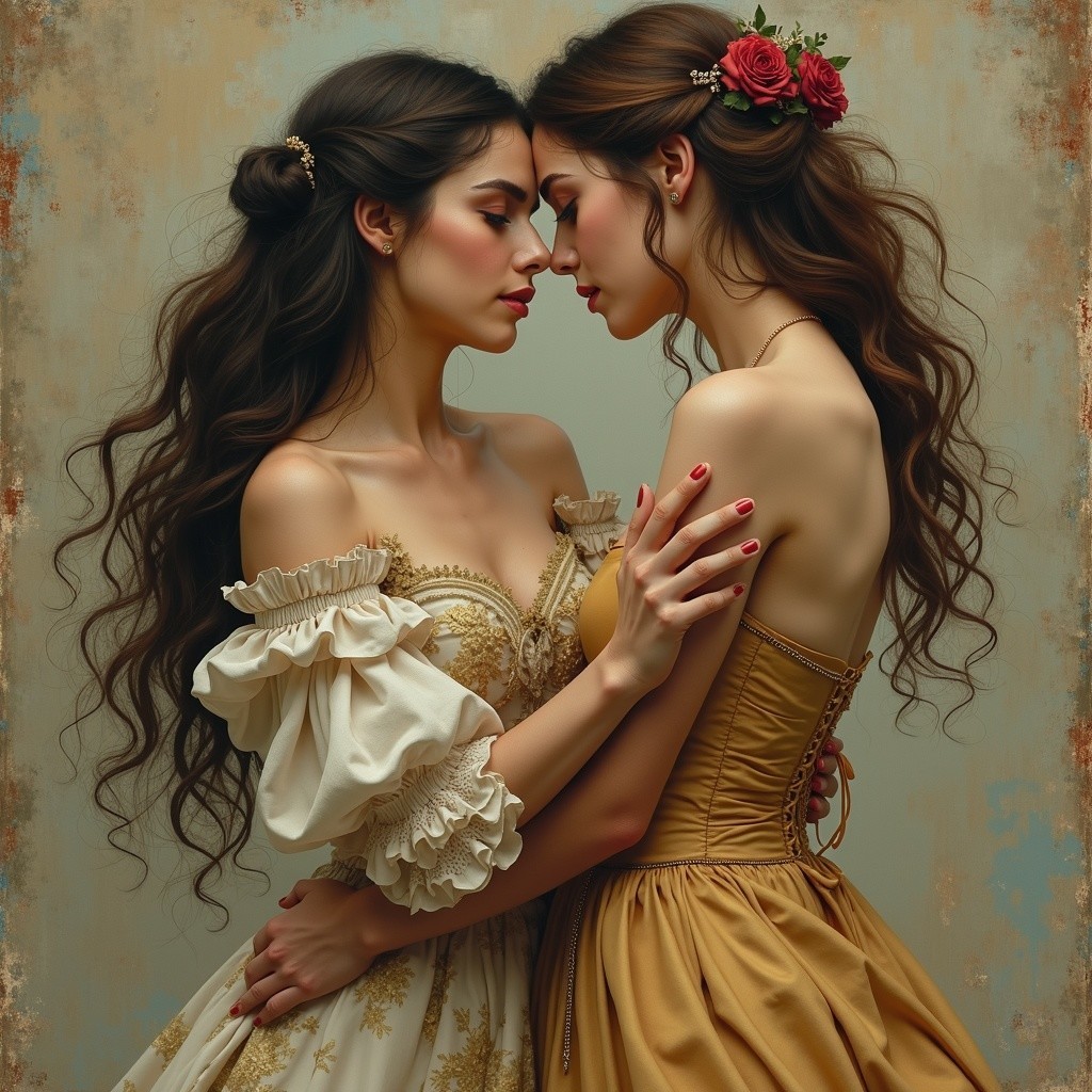 Two Women in Elegant Gowns Sharing a Connection