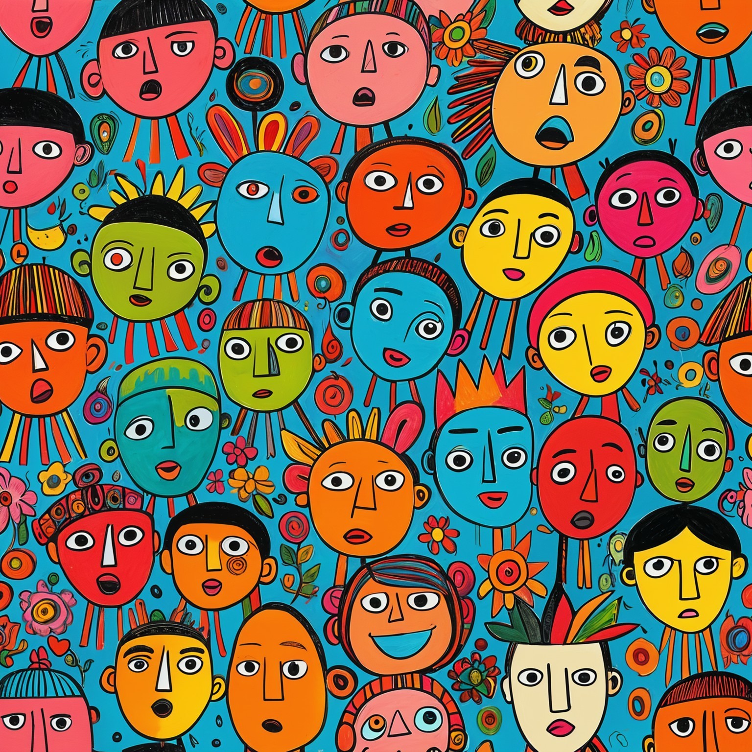 Vibrant Collage of Diverse Stylized Faces and Patterns
