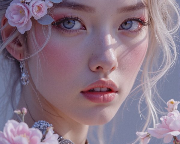 Close-Up Portrait of a Young Woman with Flowers