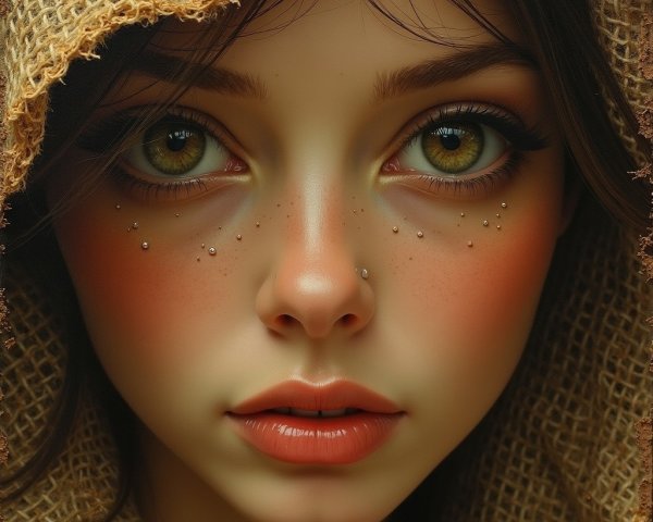 Close-up of a young woman's serene face with green eyes