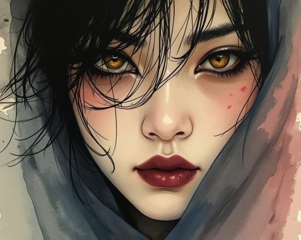 Portrait of Young Woman with Golden Eyes and Watercolor Background