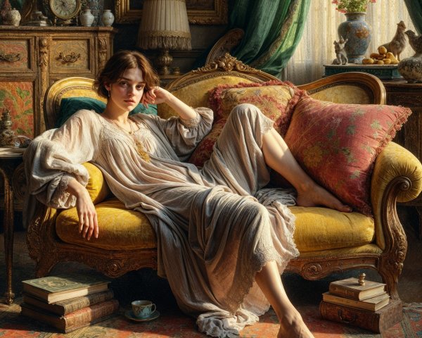 Young Woman on Vintage Sofa in Elegant Room Decor