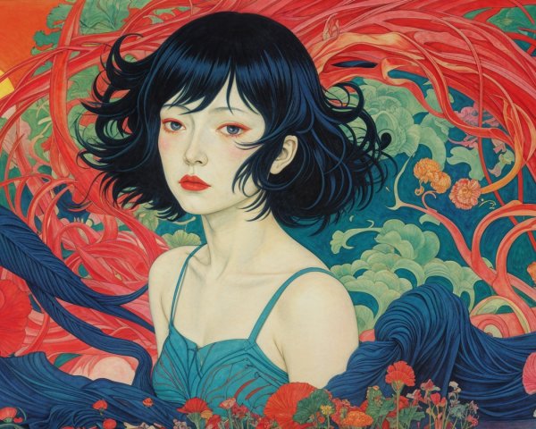 Young woman in blue dress amidst colorful foliage