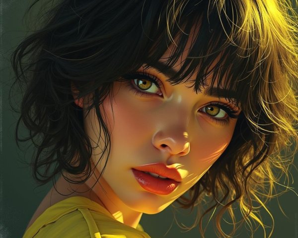 Portrait of Young Woman with Dark Hair and Green Eyes