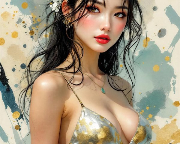 Portrait of a woman in silver dress with floral accents