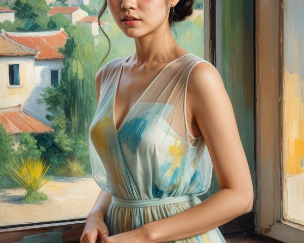 Young Woman by Window in Flowing Dress and Landscape