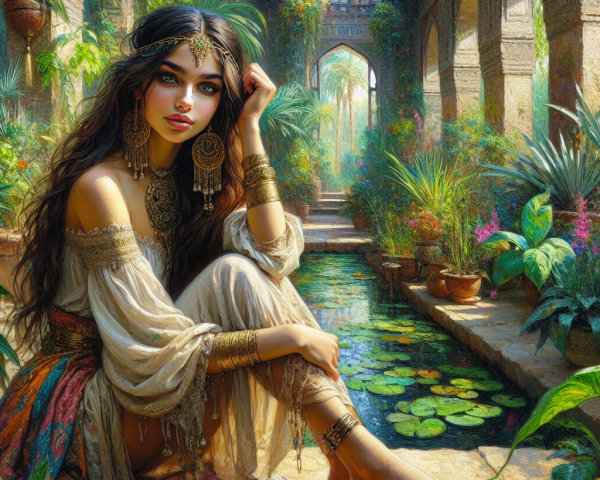 Lush Garden Scene with Young Woman by Tranquil Pond