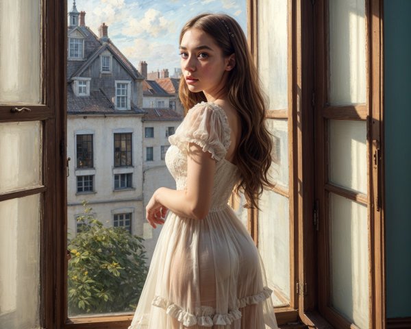 Young woman in sheer white dress by vintage window