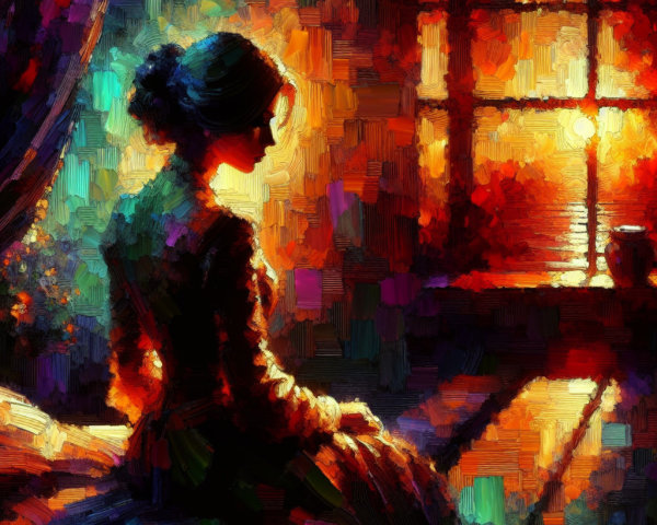 Impressionistic Oil Painting of Woman at Sunset Window