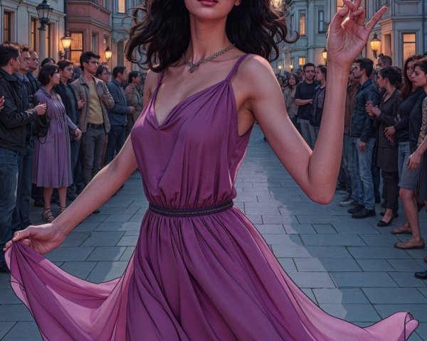 Young woman in purple dress twirls in vibrant street scene