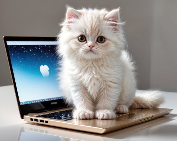 Fluffy white kitten on a gold laptop in bright setting