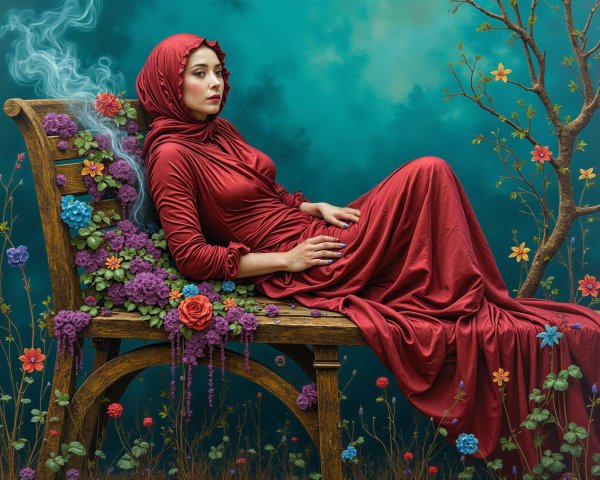 Woman in Red Hood Amidst Colorful Floral Setting