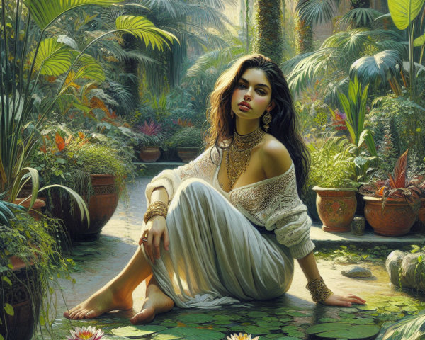 Young woman in a garden on water lilies with plants