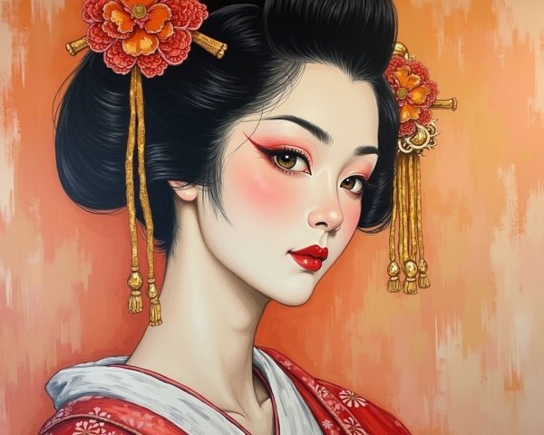 East Asian Woman in Vibrant Red Kimono with Floral Hair