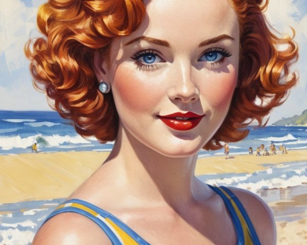 Vintage Illustration of Woman in Striped Swimsuit
