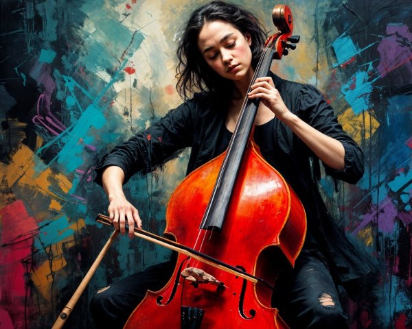 Young Woman Playing Cello in Abstract Colorful Setting