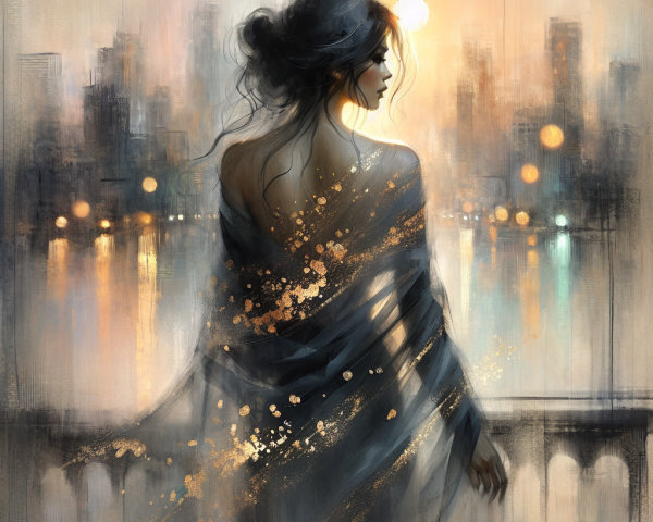 Impressionistic Painting of Woman and City Skyline at Sunset