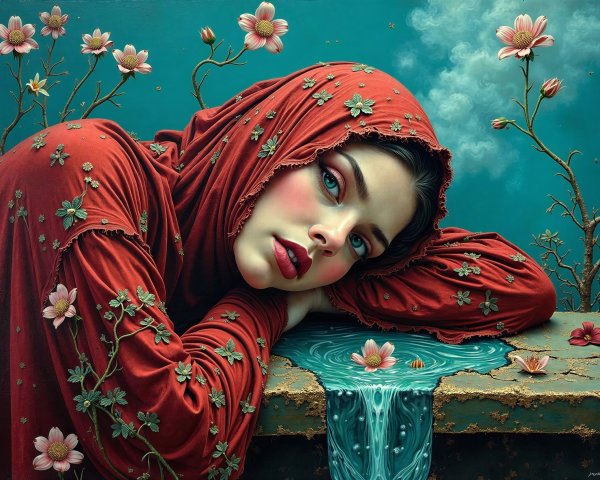 Young woman in red fabric with floral embroidery