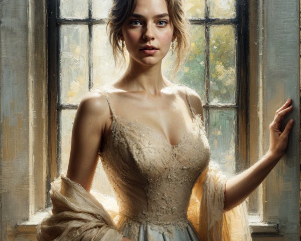 Young woman in lace gown by a window with natural light