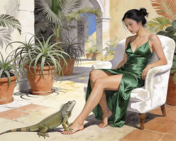 3D Render of Woman in Emerald Dress on Patio