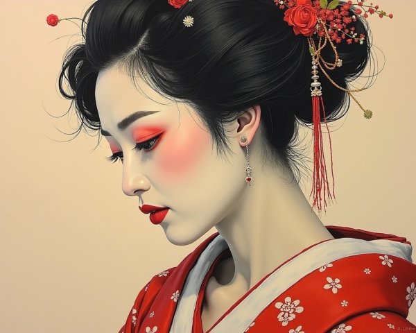 Serene Young Woman in Traditional Japanese Attire