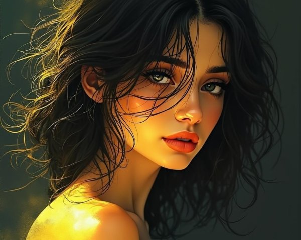 Young woman with dark hair in warm golden light