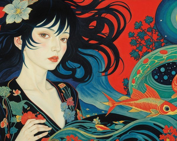 Young Woman with Black Hair and Koi Fish Artwork