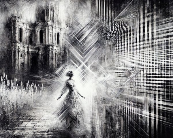 Surreal Black and White Artwork with Architectural Elements