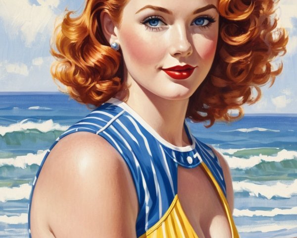 Vibrant Beach Scene with Retro Swimsuit and Waves