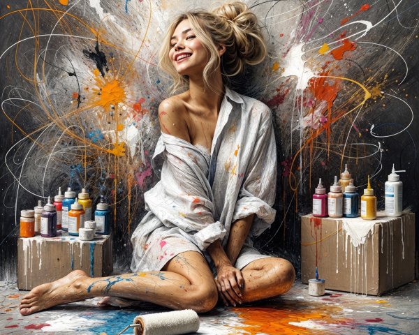 Young Woman Surrounded by Colorful Paint and Art Supplies